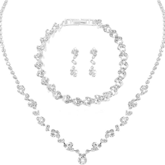 Jewelry - Bridal Jewelry Set for Wedding, Elegant Rhinestone Necklace Earrings Bracelet fo